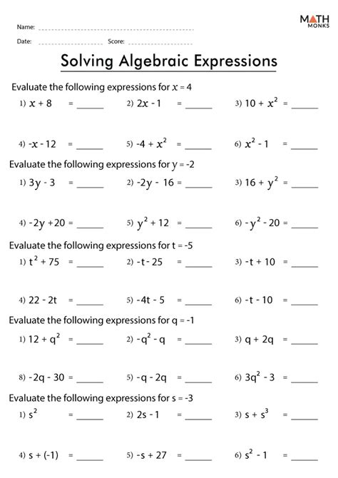 Algebraic Expressions Worksheets - Math Worksheet PDF